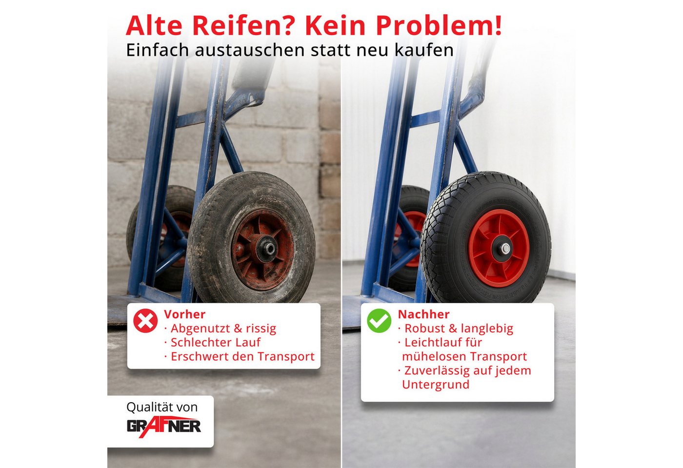 Grafner Ersatzrad Grafner® 2x Sackkarrenrad Bollerwagenrad 3.00-4 PU Vollgummibereifung, Gesamt Duchmesser: 26 cm, Reifenbreite: 8 cm, Nabenlänge: 7 cm Bild 2