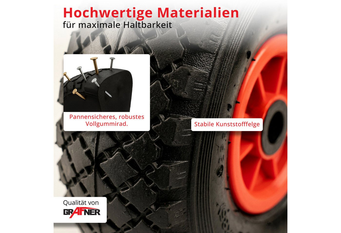 Grafner Ersatzrad Grafner® 2x Sackkarrenrad Bollerwagenrad 3.00-4 PU Vollgummibereifung, Gesamt Duchmesser: 26 cm, Reifenbreite: 8 cm, Nabenlänge: 7 cm Bild 4