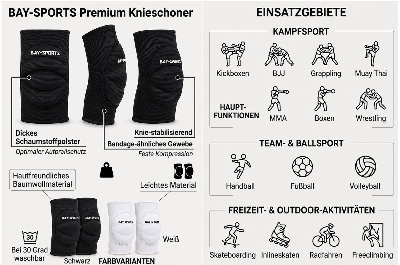 BAY-Sports Knieprotektor Knieschützer Knieschoner Knieschutz Kniepolster Bandage KNEE ATTACK (Paar), stabilisierend, stoßdämpfend, elastisch, atmungsaktiv, Weiß Bild 3
