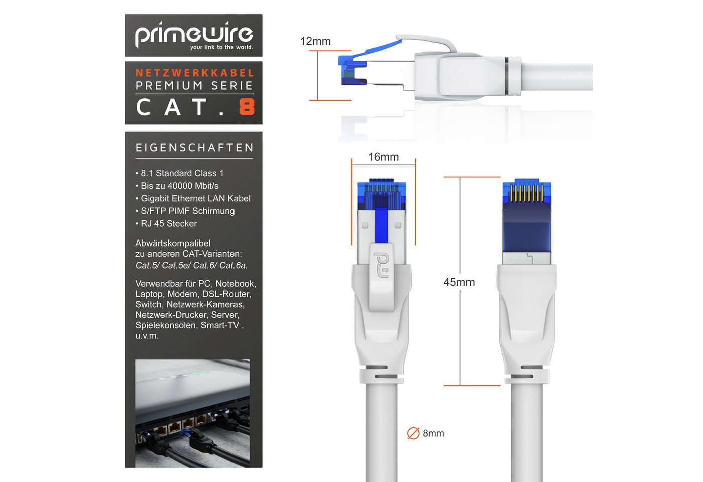 Primewire Patchkabel CAT 8 Gigabit Ethernet 40 Gbit/s S/FTP Netzwerkkabel - 20m LAN-Kabel, CAT.8, RJ-45 (Ethernet) (2000 cm), für Router, Modem, Switch, PC, ideal für Gaming, Streaming, Homeoffice Bild 4