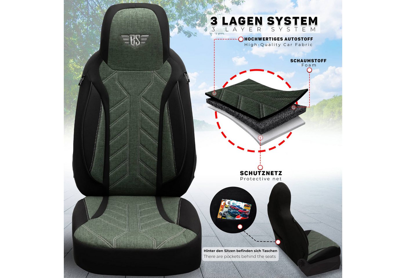 BREMER SITZBEZÜGE Autositzbezug für Mini Clubman BJ 2007-14 (PLKT213), Set, 2-tlg., Schonbezüge Sitzbezüge Fahrer und Beifahrer, in Schwarz/Olivgrün Bild 2