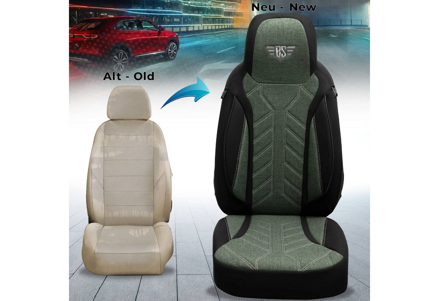 BREMER SITZBEZÜGE Autositzbezug für Mini Clubman BJ 2007-14 (PLKT213), Set, 2-tlg., Schonbezüge Sitzbezüge Fahrer und Beifahrer, in Schwarz/Olivgrün Bild 3