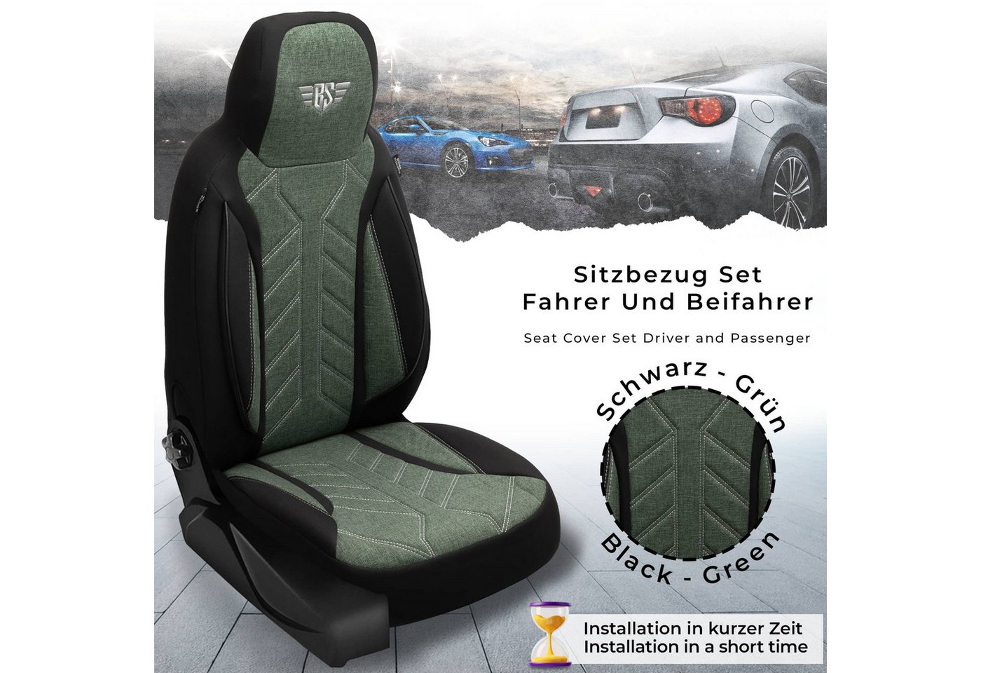 BREMER SITZBEZÜGE Autositzbezug für Mini Clubman BJ 2007-14 (PLKT213), Set, 2-tlg., Schonbezüge Sitzbezüge Fahrer und Beifahrer, in Schwarz/Olivgrün Bild 4