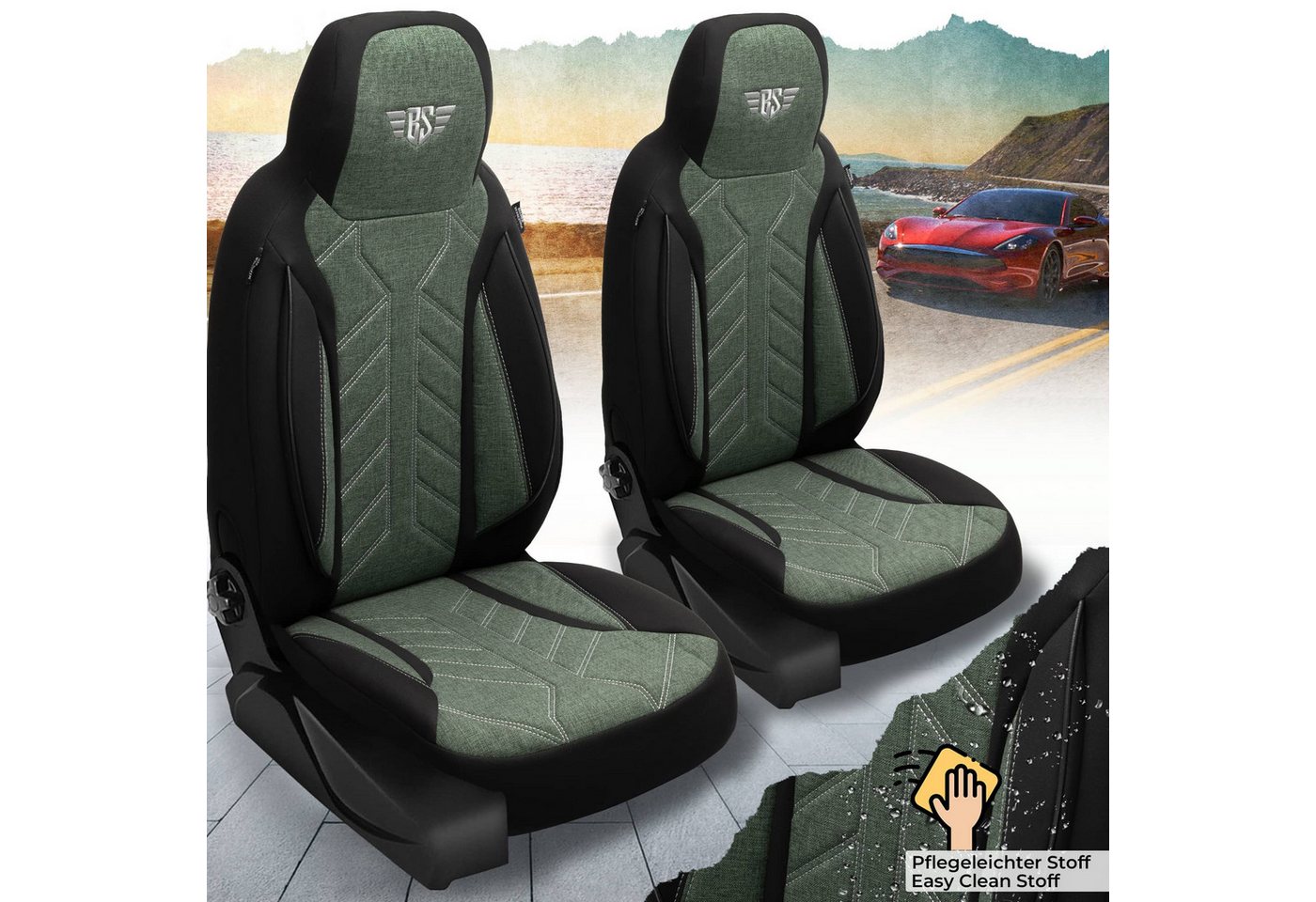 BREMER SITZBEZÜGE Autositzbezug für Mini Clubman BJ 2007-14 (PLKT213), Set, 2-tlg., Schonbezüge Sitzbezüge Fahrer und Beifahrer, in Schwarz/Olivgrün Bild 5