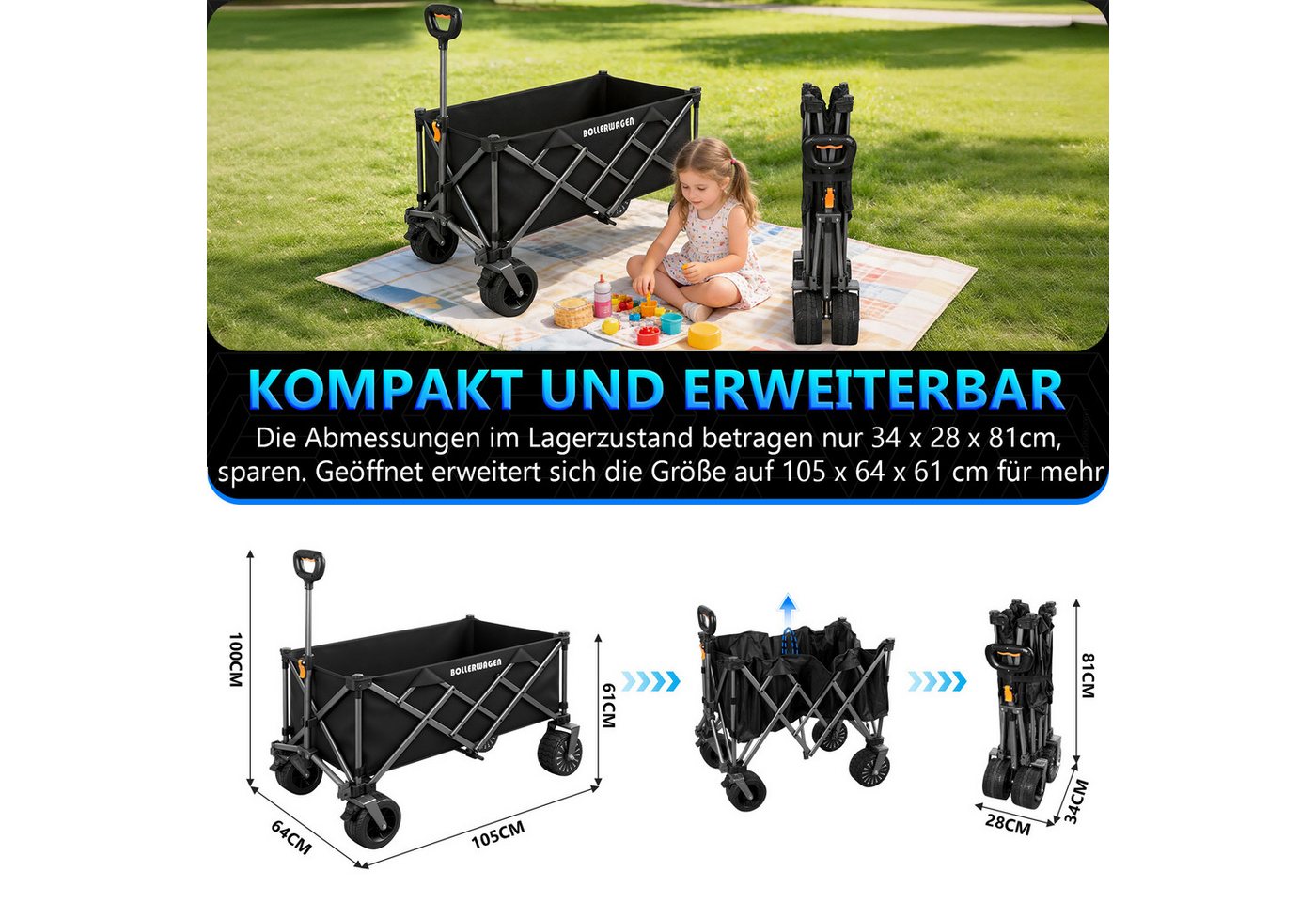 XIIW Bollerwagen Elektrokarre Campingwagen Faltbar Handwagen Strandwagen Gartenwagen (4,0Ah-Akku, 3Gang, 280L, 120KG, 50W Bürstenlos Motor), Kompatibel mit Makita Akku für Camping Strand Einkauf Bild 2