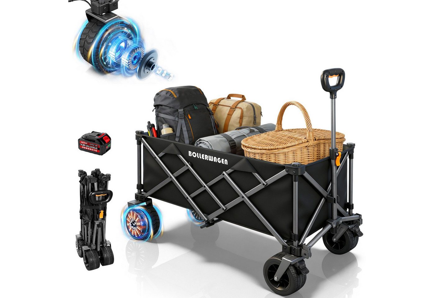 XIIW Bollerwagen Elektrokarre Campingwagen Faltbar Handwagen Strandwagen Gartenwagen (4,0Ah-Akku, 3Gang, 280L, 120KG, 50W Bürstenlos Motor), Kompatibel mit Makita Akku für Camping Strand Einkauf Bild 5