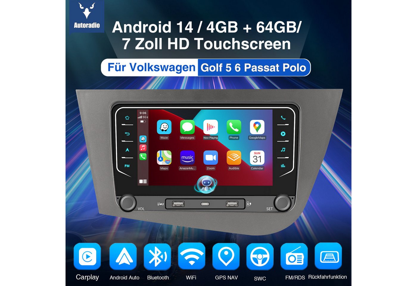ESSGOO DAB+ Für Seat Leon 1P1 2005-2012 Carplay Android 15 Autoradio GPS Navi Autoradio (RDS, 4+64GB(optional), Digitalradio (DAB), FM, Apple Carplay Android Auto GPS Navi WIFI BT EQ) Bild 2