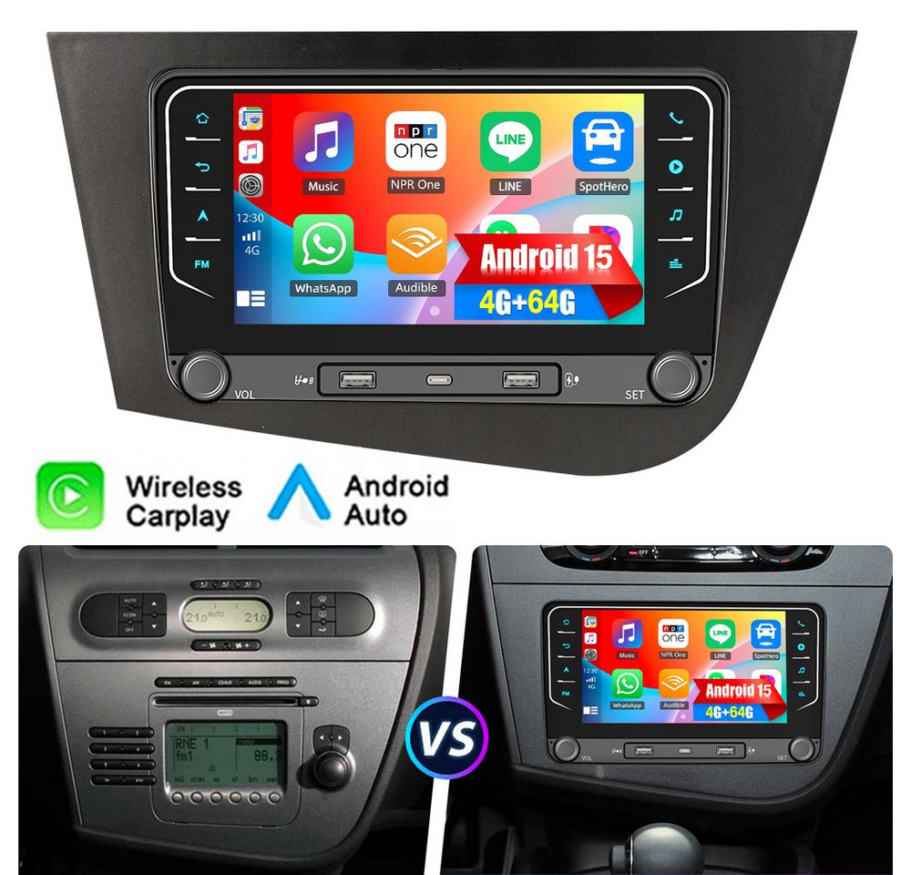 ESSGOO DAB+ Für Seat Leon 1P1 2005-2012 Carplay Android 15 Autoradio GPS Navi Autoradio (RDS, 4+64GB(optional), Digitalradio (DAB), FM, Apple Carplay Android Auto GPS Navi WIFI BT EQ) Bild 4