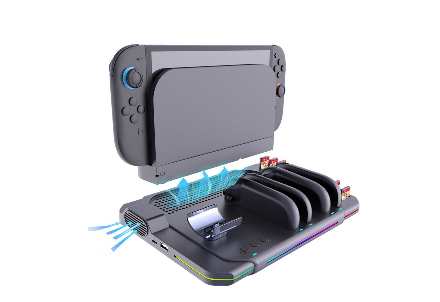 KINSI Switch 2 Ladedock mit Kühlventilator & RGB Beleuchtung Controller-Ladestation (Für Switch 2, für 4 Joy-Cons + Pro Controller + Spielekartenhalter)