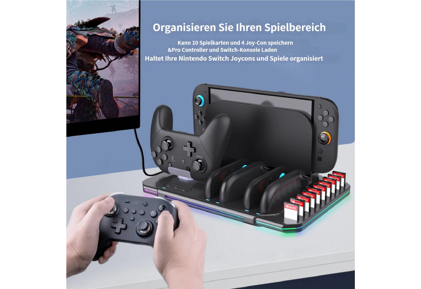 KINSI Switch 2 Ladedock mit Kühlventilator & RGB Beleuchtung Controller-Ladestation (Für Switch 2, für 4 Joy-Cons + Pro Controller + Spielekartenhalter) Bild 2