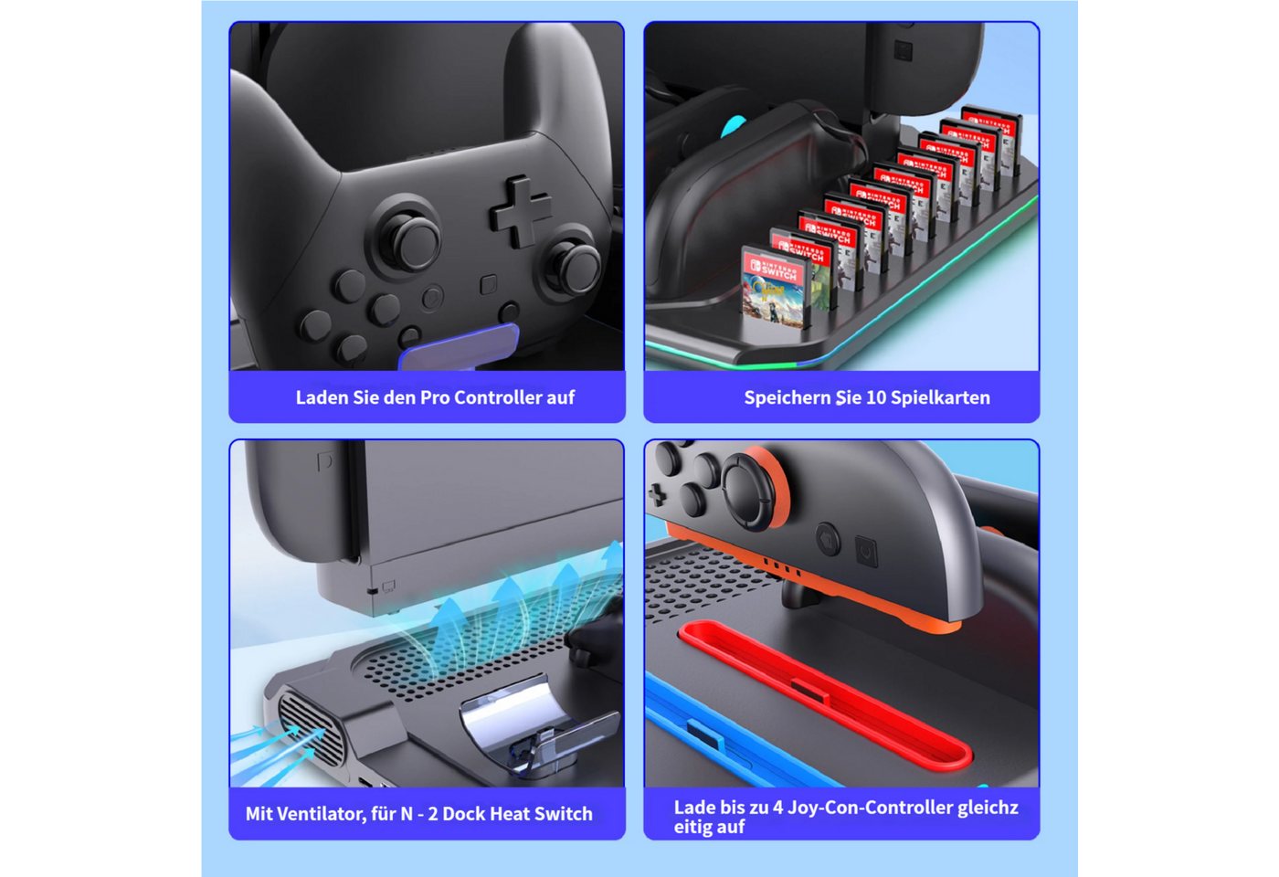 KINSI Switch 2 Ladedock mit Kühlventilator & RGB Beleuchtung Controller-Ladestation (Für Switch 2, für 4 Joy-Cons + Pro Controller + Spielekartenhalter) Bild 3