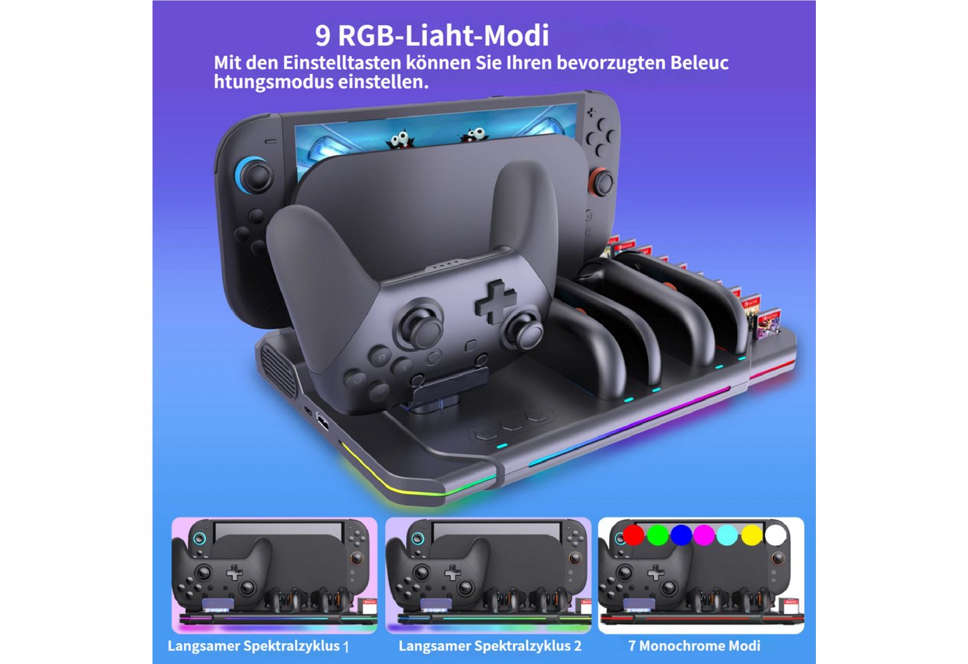 KINSI Switch 2 Ladedock mit Kühlventilator & RGB Beleuchtung Controller-Ladestation (Für Switch 2, für 4 Joy-Cons + Pro Controller + Spielekartenhalter) Bild 4