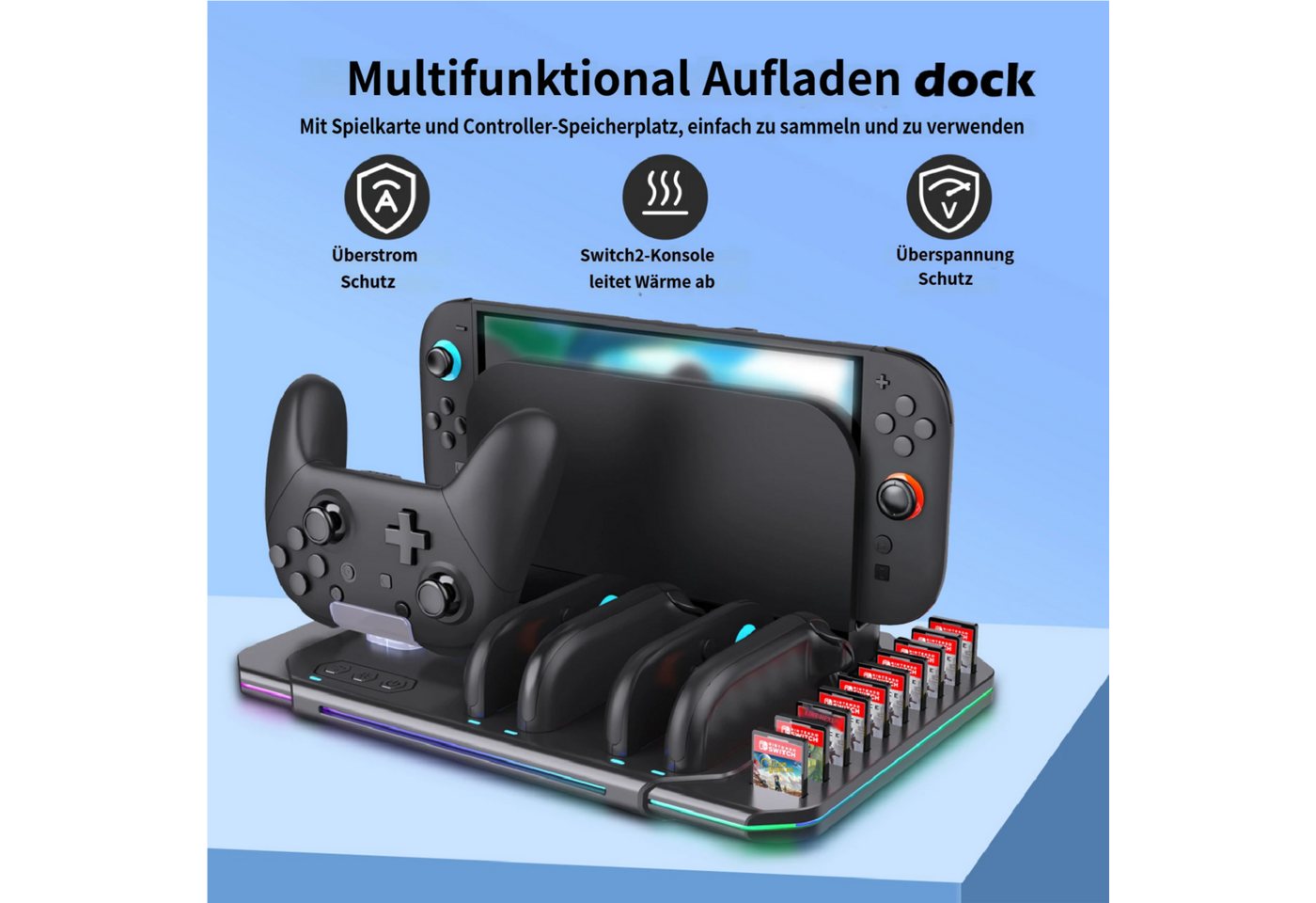 KINSI Switch 2 Ladedock mit Kühlventilator & RGB Beleuchtung Controller-Ladestation (Für Switch 2, für 4 Joy-Cons + Pro Controller + Spielekartenhalter) Bild 5