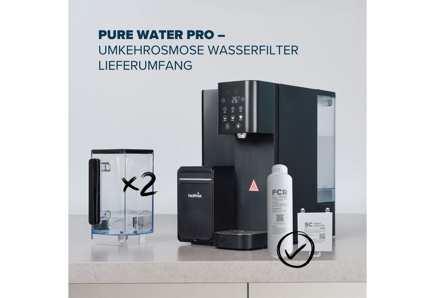 Health Rise Wasserfilter Pure Water Pro, Umkehrosmoseanlage, schwarz, extra Karaffe