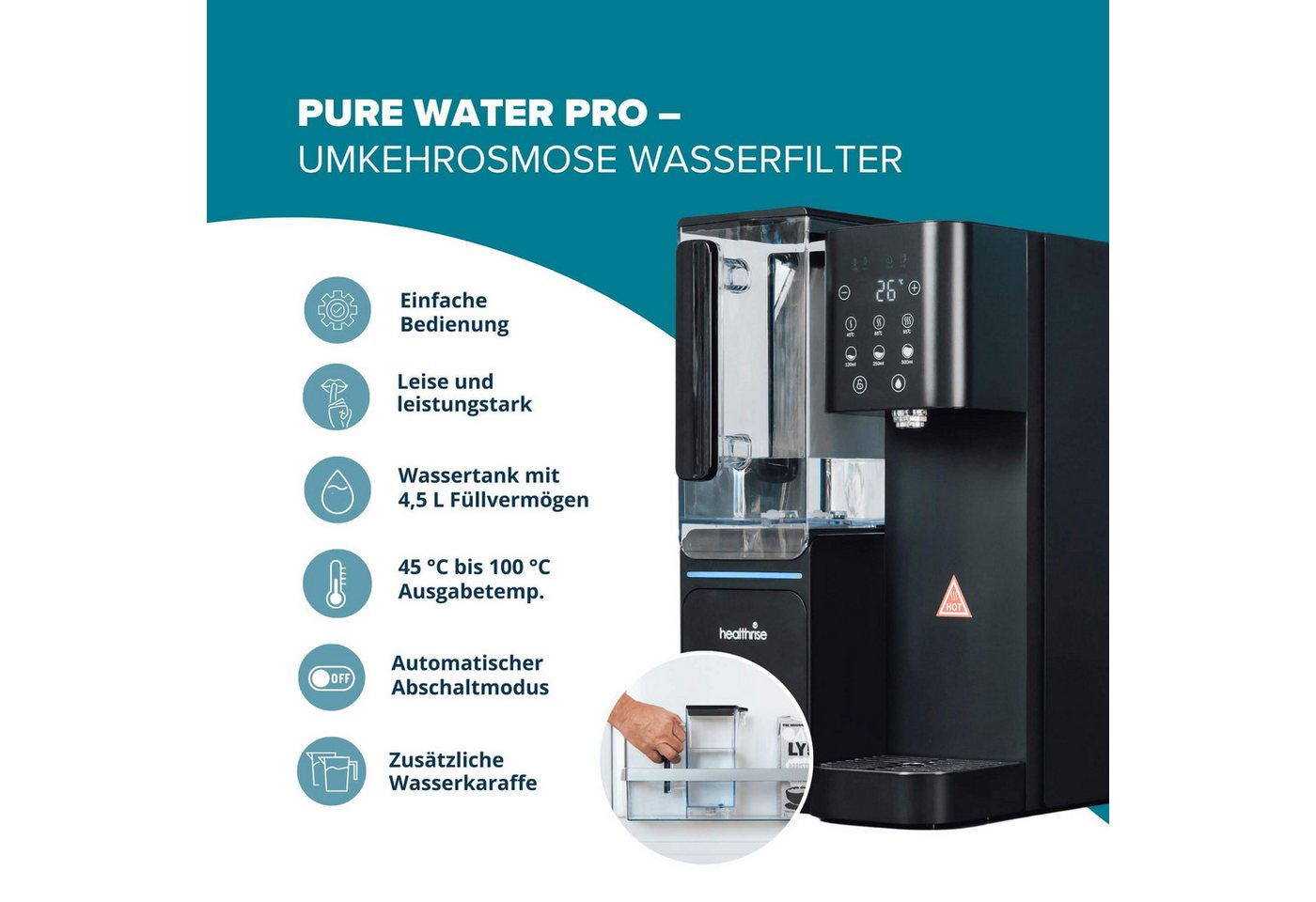 Health Rise Wasserfilter Pure Water Pro, Umkehrosmoseanlage, schwarz, extra Karaffe Bild 4