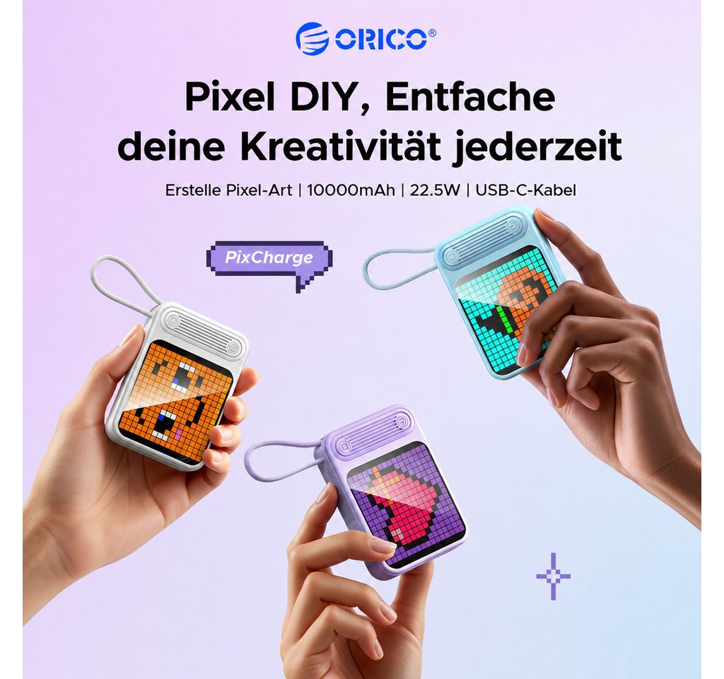 ORICO PixCharge Plus Powerbank 10000mAh mit 22,5W Schnellladung, Powerbank 256-LED Pixel Display & App-Steuerung, integriertem USB-C Kabel 10000 mAh (5V / 9V / 12V V, 1 St), externer Akku für Smartphone & Tablet