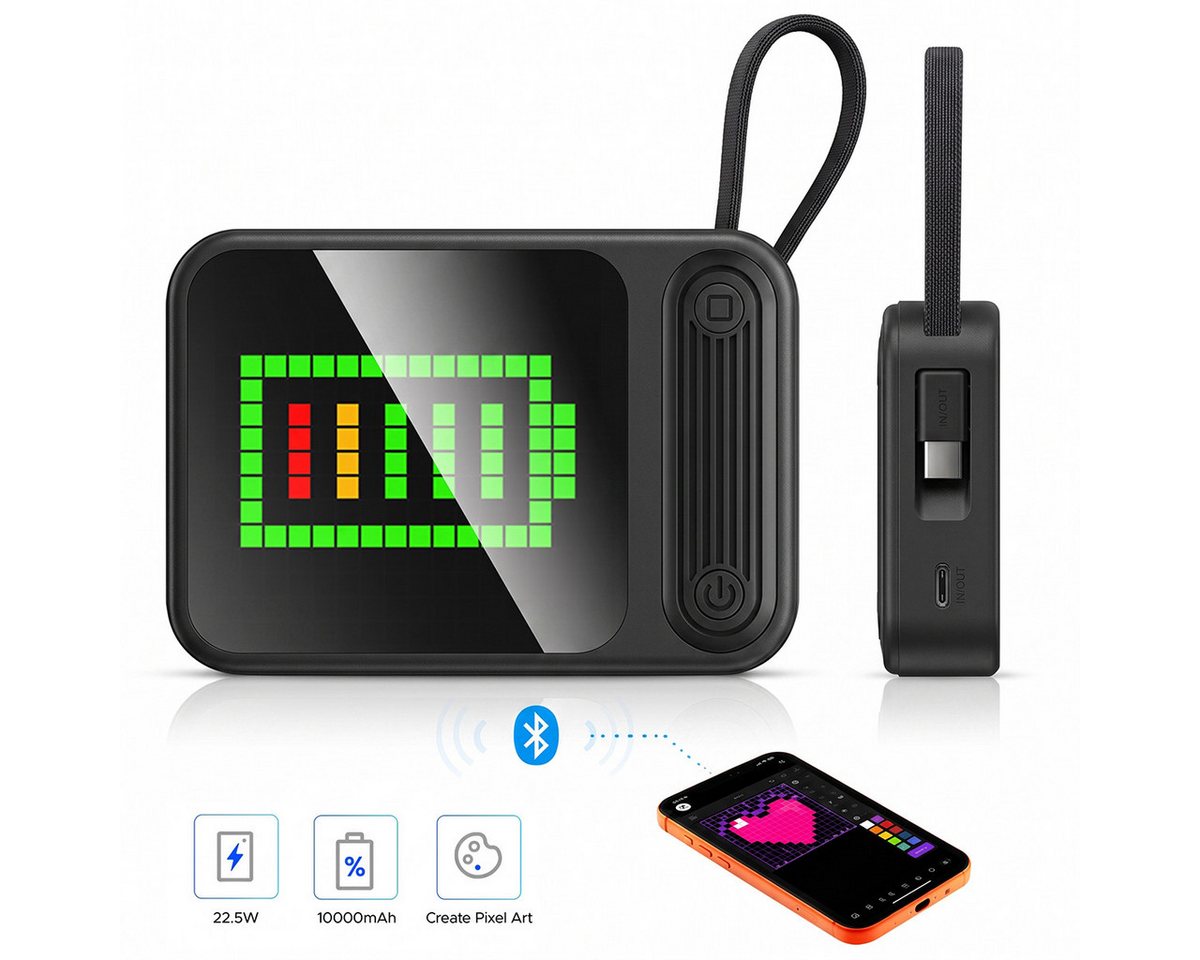 ORICO PixCharge Plus Powerbank 10000mAh mit 22,5W Schnellladung, Powerbank 256-LED Pixel Display & App-Steuerung, integriertem USB-C Kabel 10000 mAh (5V / 9V / 12V V, 1 St), externer Akku für Smartphone & Tablet Bild 2