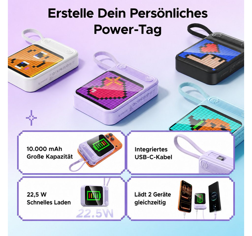 ORICO PixCharge Plus Powerbank 10000mAh mit 22,5W Schnellladung, Powerbank 256-LED Pixel Display & App-Steuerung, integriertem USB-C Kabel 10000 mAh (5V / 9V / 12V V, 1 St), externer Akku für Smartphone & Tablet Bild 4