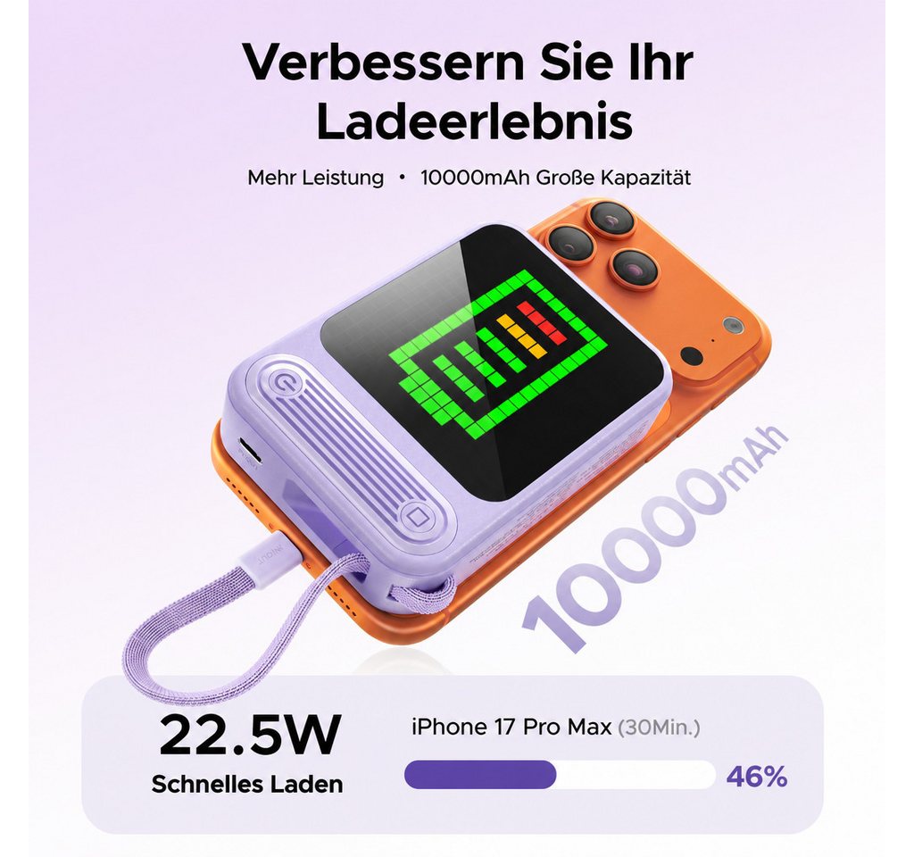 ORICO PixCharge Plus Powerbank 10000mAh mit 22,5W Schnellladung, Powerbank 256-LED Pixel Display & App-Steuerung, integriertem USB-C Kabel 10000 mAh (5V / 9V / 12V V, 1 St), externer Akku für Smartphone & Tablet Bild 5