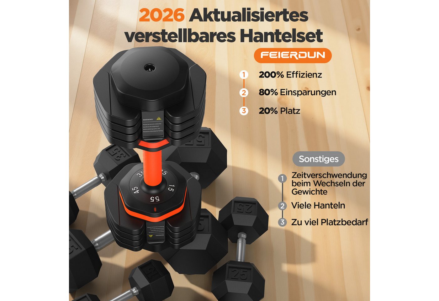 FEIERDUN Hantel Verstellbare Hanteln Set 21.8/30.8/39.9kg, 4-in-1 Multifunktion, Heimgym für Männer/Frauen Bild 3