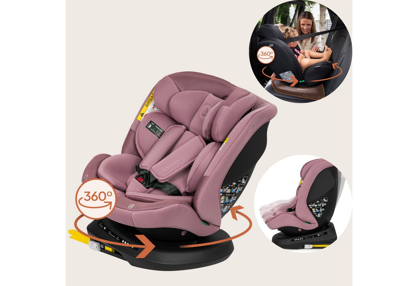 lionelo Autokindersitz BASTIAAN PLUS I-SIZE, ab: ab Geburt, bis: bis ca. 12 Jahre, ab: 40 cm, bis: 150 cm, (Autokindersitz + Verkleinerungseinlage + ISOFIX-Führungshülsen + Knopfzelle), 360°-Drehung/RWF bis 105 cm/Dri-Seat/Top-Tether-Alarm