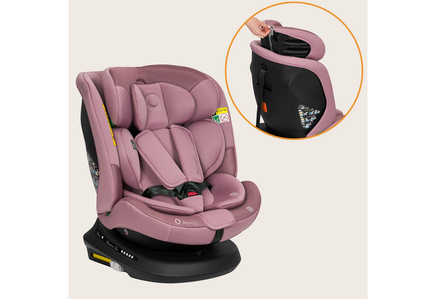 lionelo Autokindersitz BASTIAAN PLUS I-SIZE, ab: ab Geburt, bis: bis ca. 12 Jahre, ab: 40 cm, bis: 150 cm, (Autokindersitz + Verkleinerungseinlage + ISOFIX-Führungshülsen + Knopfzelle), 360°-Drehung/RWF bis 105 cm/Dri-Seat/Top-Tether-Alarm Bild 3