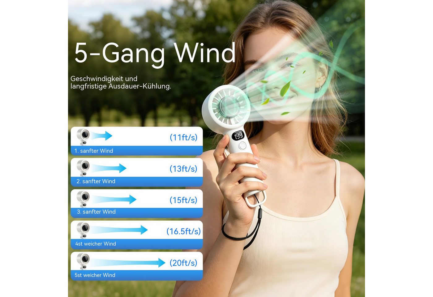 nsihing Handventilator Mini tragbarer Handventilator –Akku 5 Stufen Tischventilator, mit LED-Display, ideal für Reisen, Büro und Wimperntrocknung Bild 3