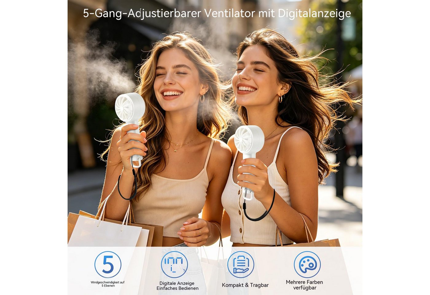 nsihing Handventilator Mini tragbarer Handventilator –Akku 5 Stufen Tischventilator, mit LED-Display, ideal für Reisen, Büro und Wimperntrocknung Bild 5