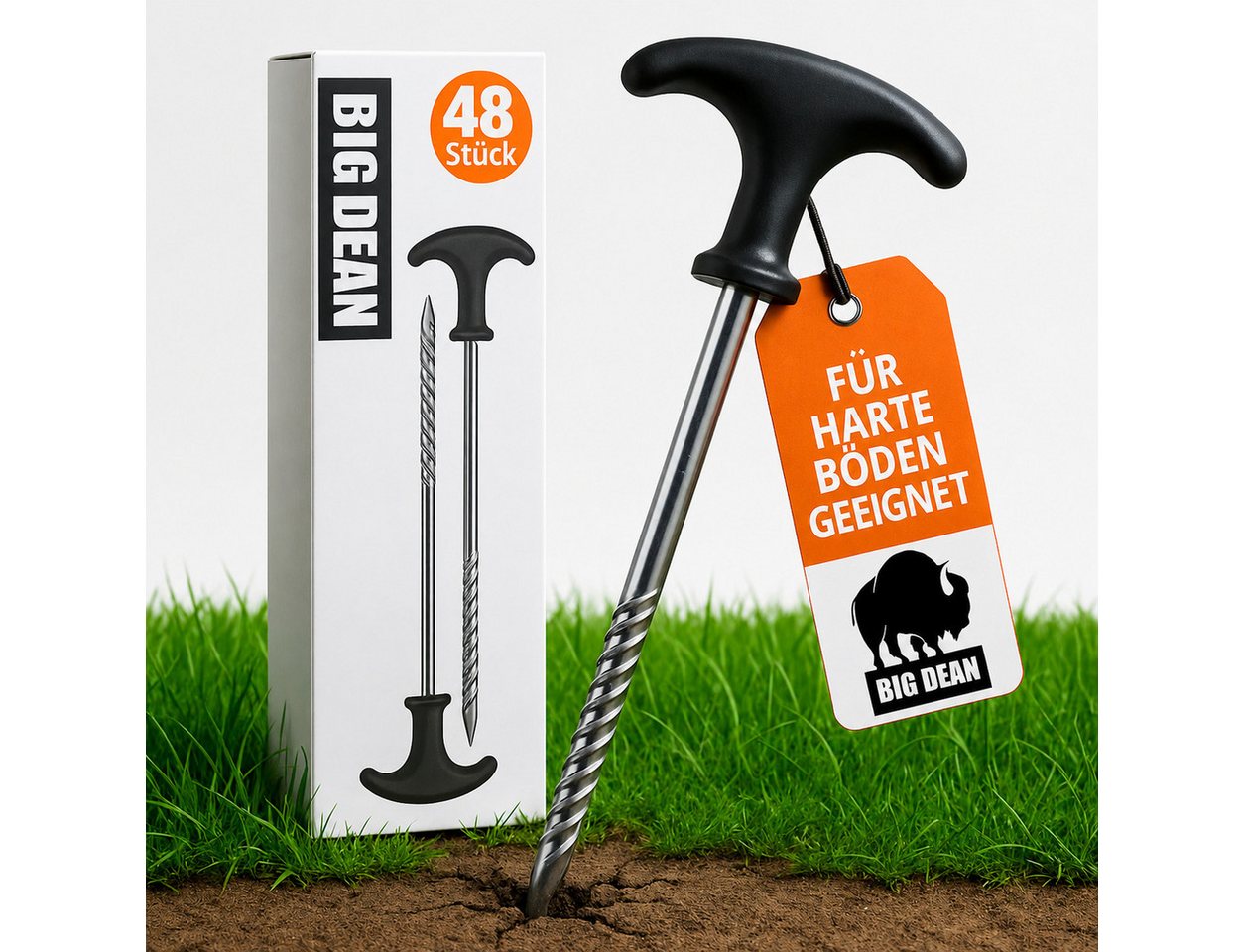 BigDean Zelthering Erdnägel Stabil Zeltheringe für harte Böden, (Set, 48-St., Heringe), Tiefes Gewinde, T-Griff, Robustem Stahl Bild 4