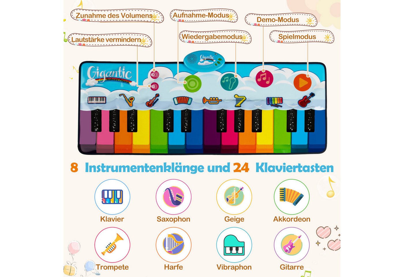 COSTWAY Spielmatte, Musikspielmatte mit 8 Instrumentenklängen, 120 x 47