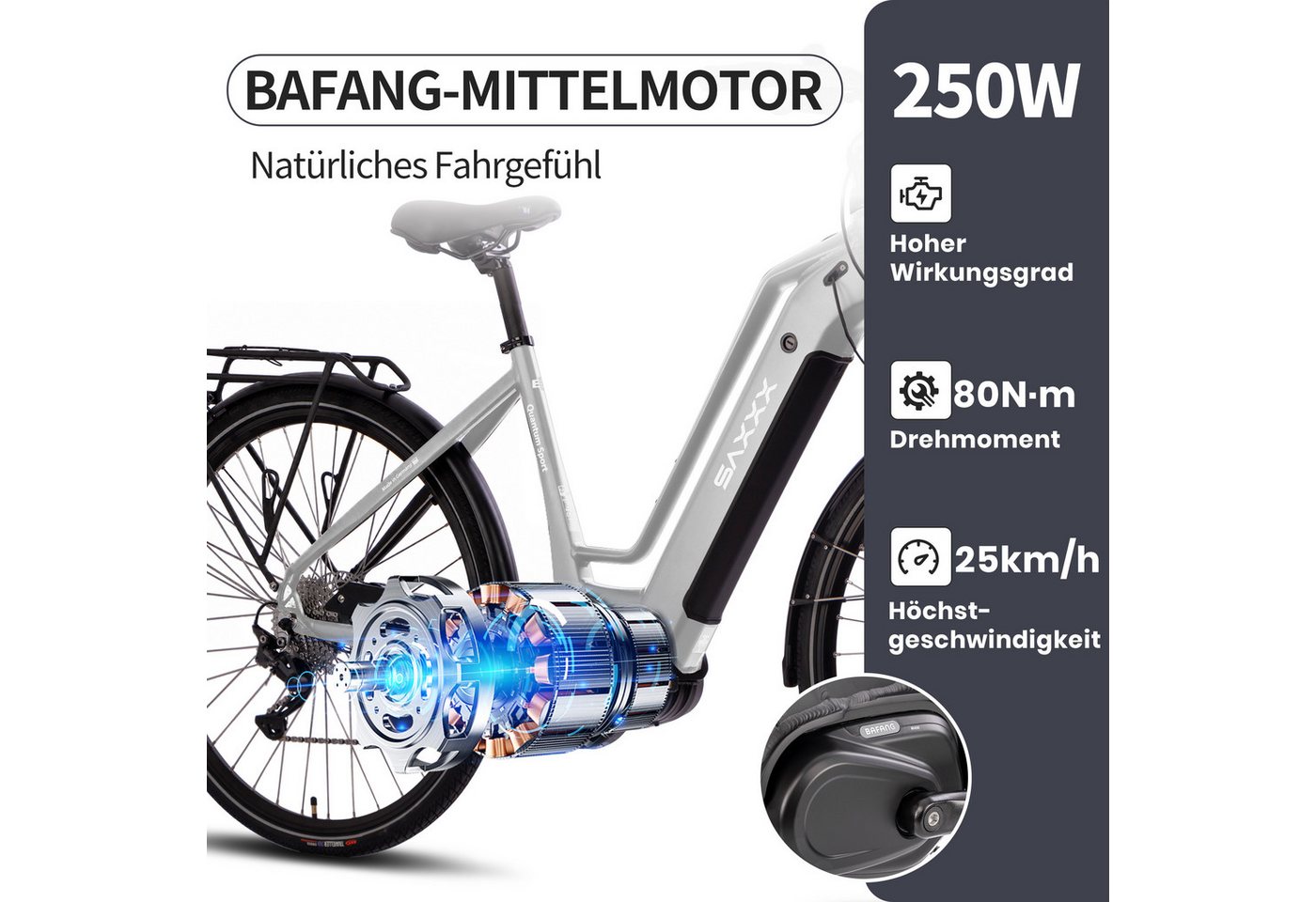 SAXXX E-Bike Cityrad 20 Zoll, 80Nm Mittelmotor, bis zu 100km, für Damen und Herren, 10 Gang SHIMANO Deore Schaltwerk, Kettenschaltung, Mittelmotor, 540 Wh, (Gepäckträger bis 25 kg, Max. 130 kg, hydr. Scheibenbremsen), Elektrofahrrad, StVZO Pedelec, Trekkingrad, vormontiert zu 95 % Bild 2