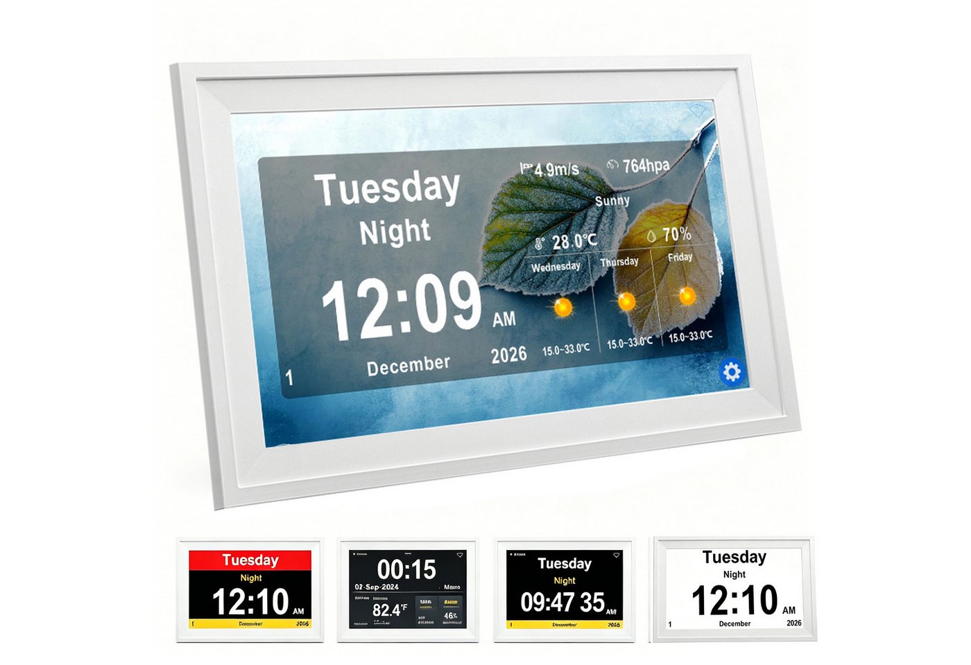 Fyrove 10,1 Zoll Digitaler Kalenderuhr mit Wetterstation, Erinnerungsfunktion Digitaler Bilderrahmen (Wiedergabe von Fotos über USB-Stick oder Speicherkarte möglich)