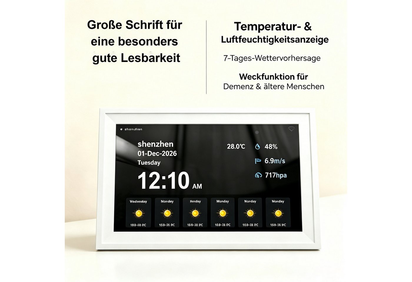 Fyrove 10,1 Zoll Digitaler Kalenderuhr mit Wetterstation, Erinnerungsfunktion Digitaler Bilderrahmen (Wiedergabe von Fotos über USB-Stick oder Speicherkarte möglich) Bild 2