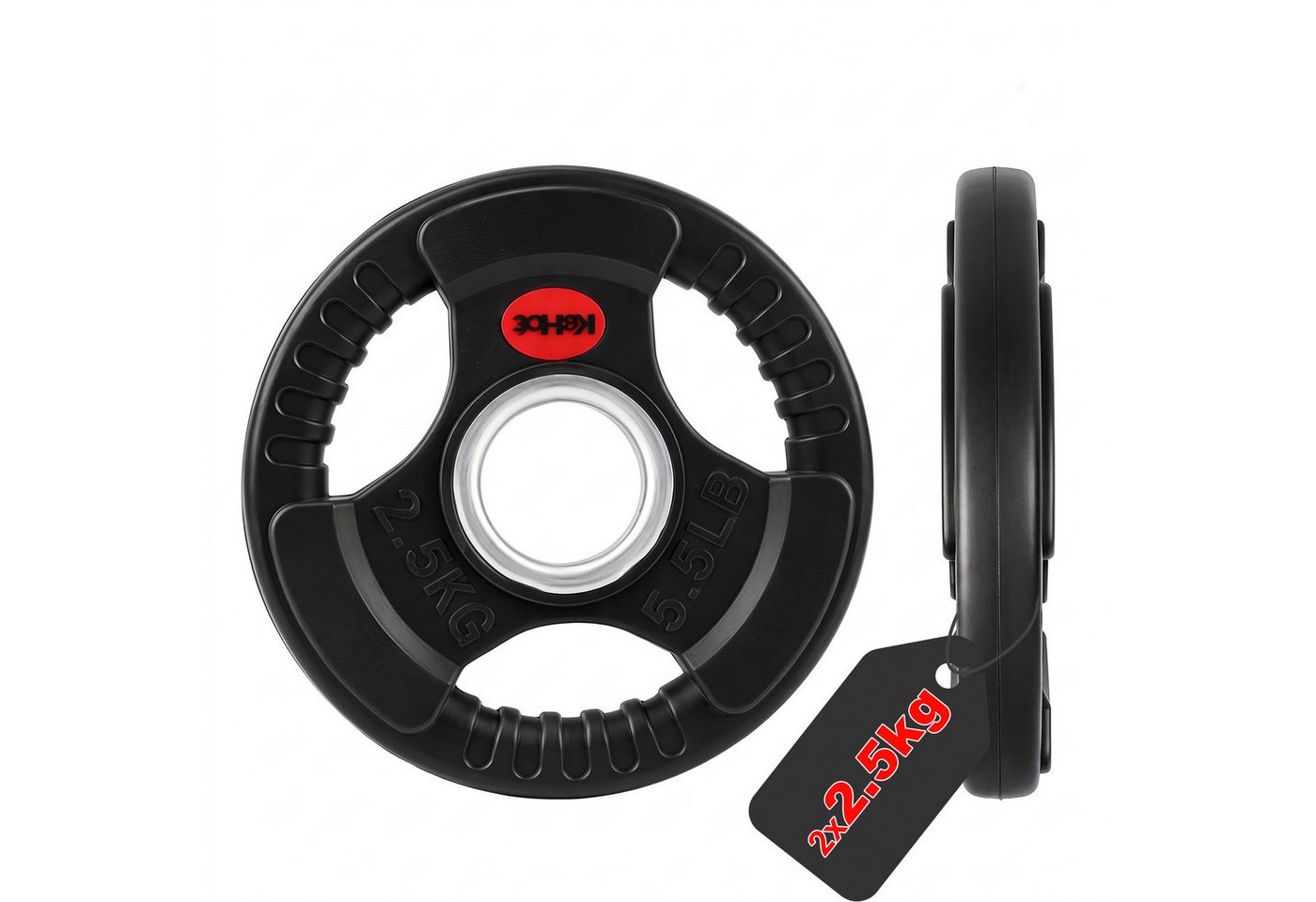 kehot Hantelscheiben Hantelscheiben 50 mm, Tri-Grip Design, Gusseisenkern, PVC-Gummierung, 5 kg, (2 x 2,5 kg Gewichtsscheiben für Langhanteltraining, 2-tlg., Für Techniktraining, Aufwärmsätze und kleine Steigerungen), Ergonomische Griffe für leichtes Wechseln & sicheres Heben