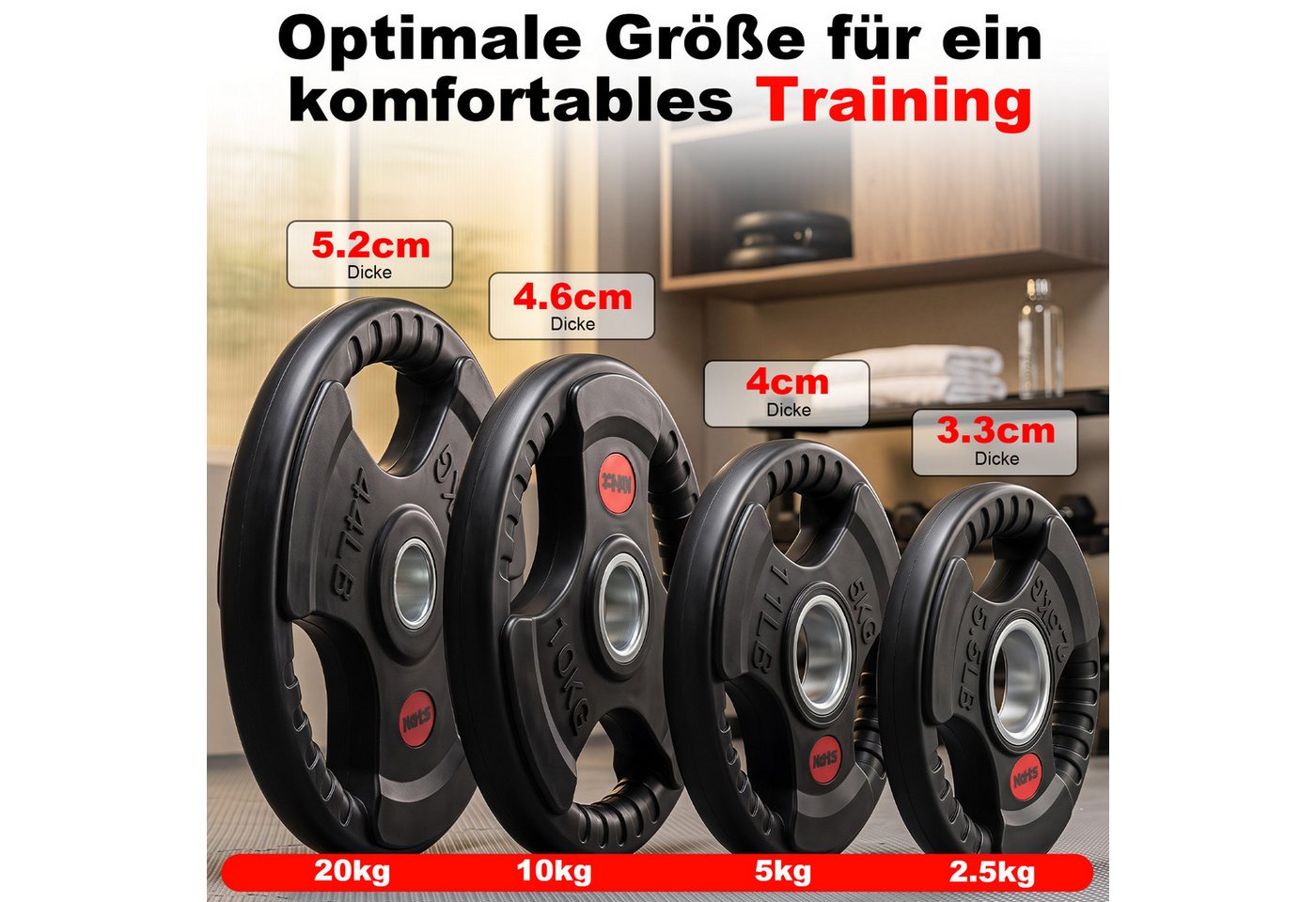 kehot Hantelscheiben Hantelscheiben 50 mm, Tri-Grip Design, Gusseisenkern, PVC-Gummierung, 5 kg, (2 x 2,5 kg Gewichtsscheiben für Langhanteltraining, 2-tlg., Für Techniktraining, Aufwärmsätze und kleine Steigerungen), Ergonomische Griffe für leichtes Wechseln & sicheres Heben Bild 2