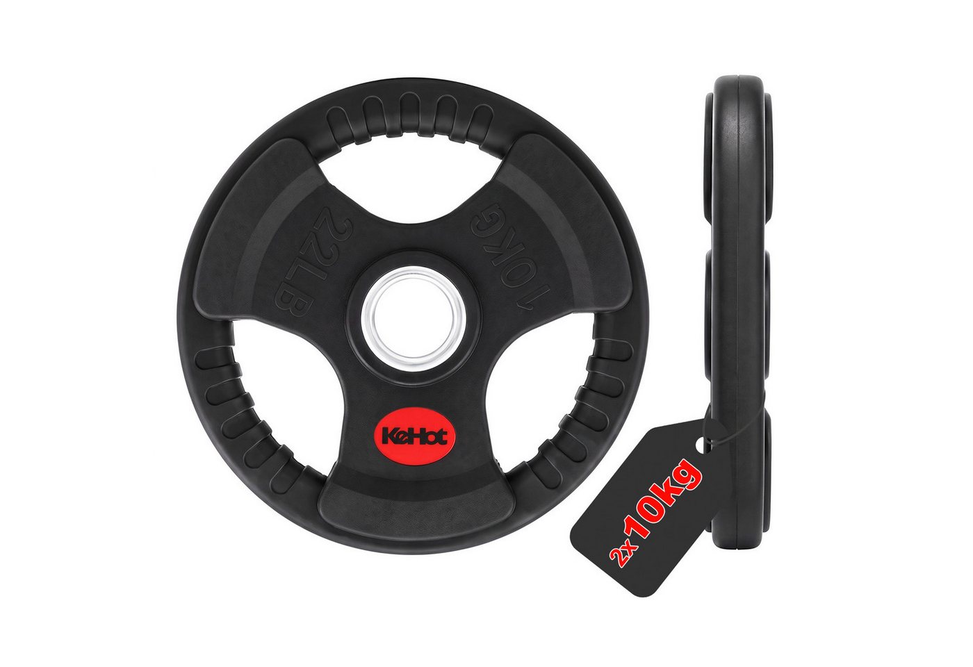 kehot Hantelscheiben Hantelscheiben 50 mm, Tri-Grip Design, Gusseisenkern, PVC-Gummierung, 20 kg, (2 x 10 kg Gewichtsscheiben für Langhanteltraining, 2-tlg., Für intensives Krafttraining und gleichmäßige Beladung), Ergonomische Griffe für leichtes Wechseln & sicheres Heben