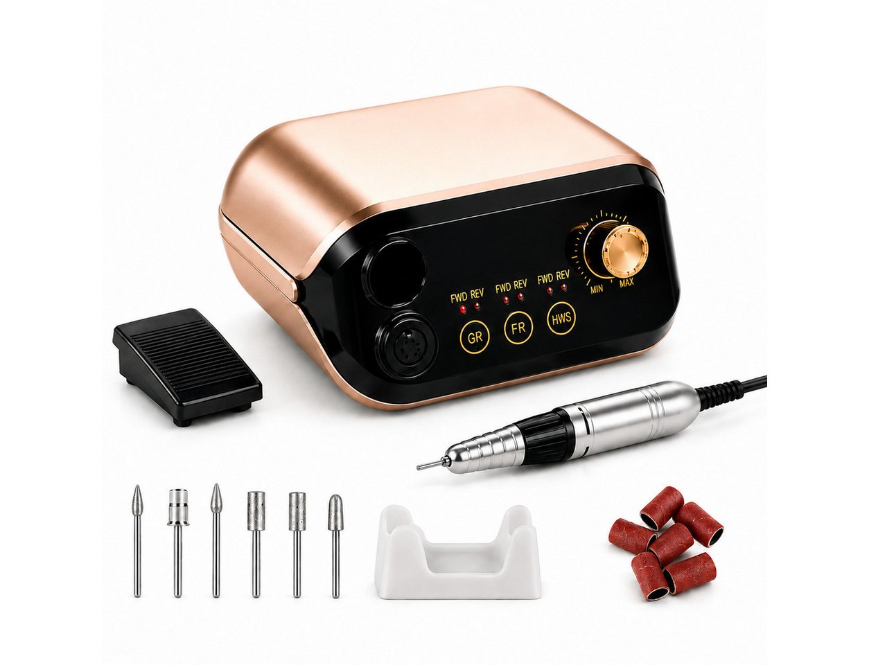 Fyrove Maniküre-Pediküre-Set Nagelfräser 35.000 U/min 65 W elektrische Nagelfeile mit Fußpedal, Nagelfräser-Set mit Fußpedal, 6 Fräseraufsätzen und 6 Schleifbändern, Rechts-/Linkslauf, 6 Bits für Gel-, Acryl- & Kunstnägel Bild 2