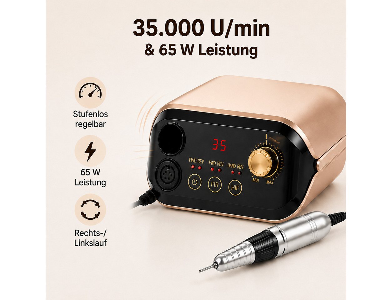 Fyrove Maniküre-Pediküre-Set Nagelfräser 35.000 U/min 65 W elektrische Nagelfeile mit Fußpedal, Nagelfräser-Set mit Fußpedal, 6 Fräseraufsätzen und 6 Schleifbändern, Rechts-/Linkslauf, 6 Bits für Gel-, Acryl- & Kunstnägel Bild 5