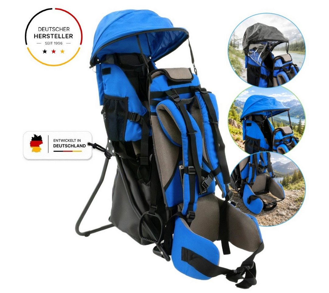 FASports Rückentrage Lil' Boss Kinderkraxe, Kindertrage (Kinderrückentrage, 1-tlg., blau-grau), Babytrage, 5-Punkt-Sicherungsgurt, Regen- und Sonnendach, Taschen