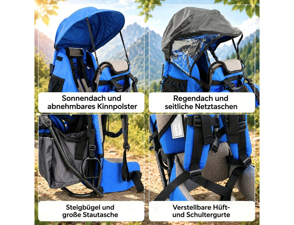 FASports Rückentrage Lil' Boss Kinderkraxe, Kindertrage (Kinderrückentrage, 1-tlg., blau-grau), Babytrage, 5-Punkt-Sicherungsgurt, Regen- und Sonnendach, Taschen Bild 3