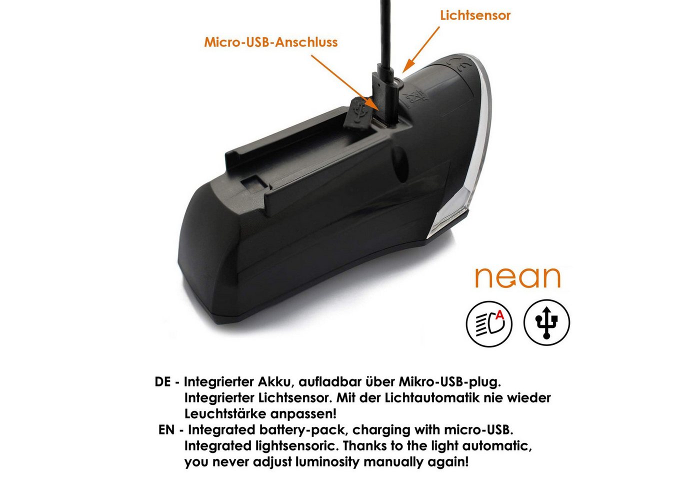 nean Fahrrad-Frontlicht Akku, mit stufenloser Lichtautomatik und 3 Helligkeitsstufen, 60 LUX Bild 4