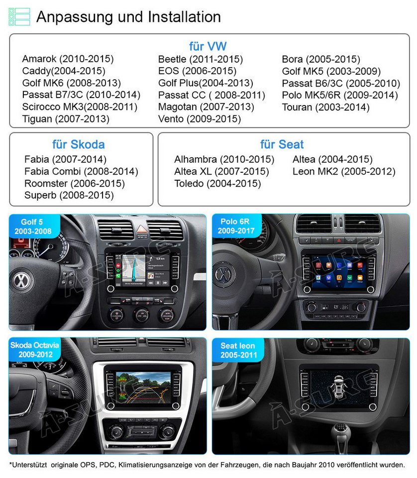 A-Sure 4+64 Android 15 CarPlay für VW GOLF 5 6 Plus Polo Cadddy Touran Passat Autoradio (RDS, DSP, 8Core, Digitalradio (DAB), FM, AM, 4+64G / Bluetooth 5.4 /WiFi 6.0 / SWC)