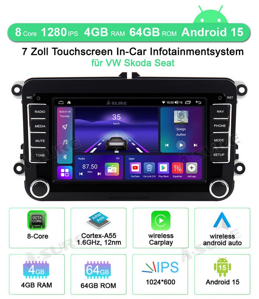 A-Sure 4+64 Android 15 CarPlay für VW GOLF 5 6 Plus Polo Cadddy Touran Passat Autoradio (RDS, DSP, 8Core, Digitalradio (DAB), FM, AM, 4+64G / Bluetooth 5.4 /WiFi 6.0 / SWC) Bild 2