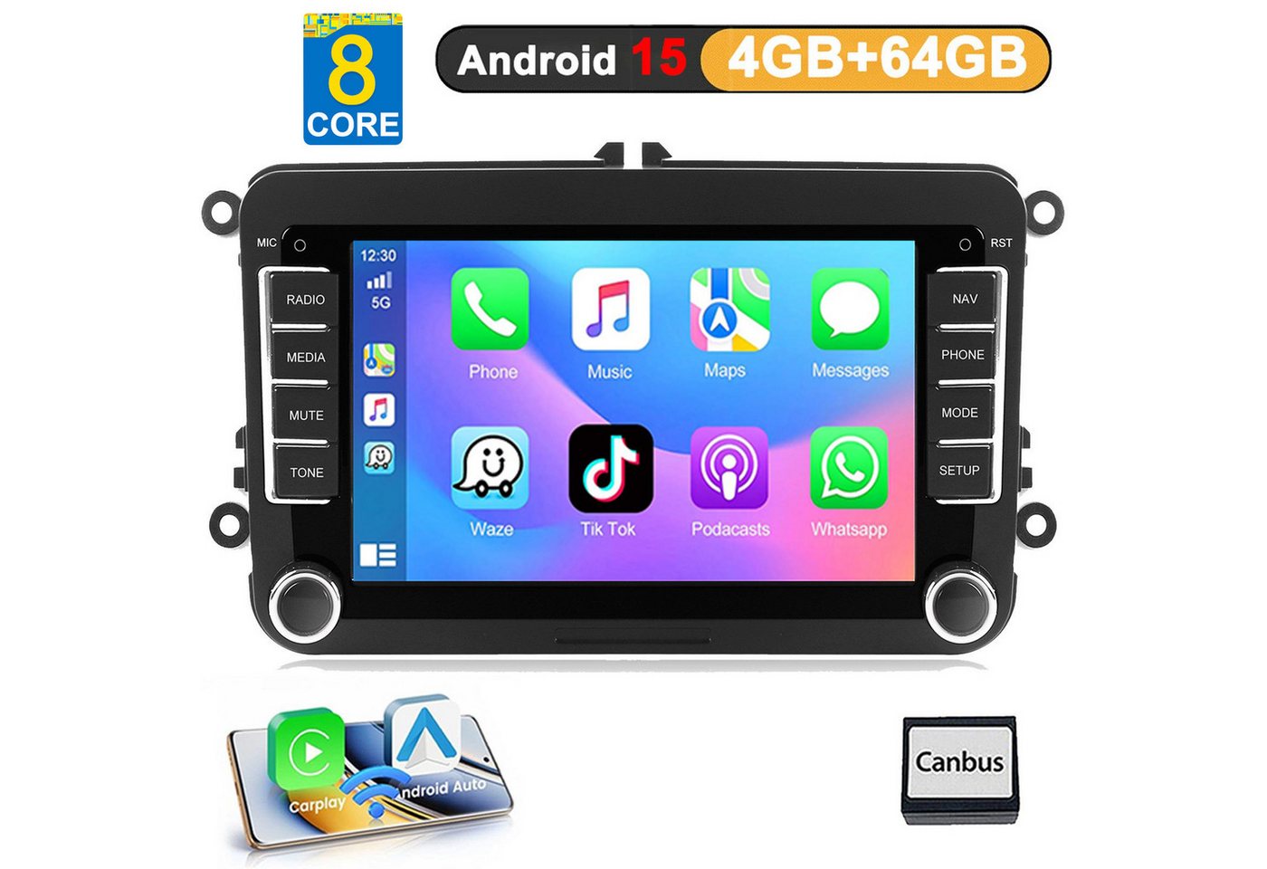 A-Sure 4+64 Android 15 CarPlay für VW GOLF 5 6 Plus Polo Cadddy Touran Passat Autoradio (RDS, DSP, 8Core, Digitalradio (DAB), FM, AM, 4+64G / Bluetooth 5.4 /WiFi 6.0 / SWC) Bild 4