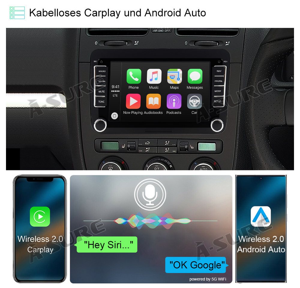 A-Sure 4+64 Android 15 CarPlay für VW GOLF 5 6 Plus Polo Cadddy Touran Passat Autoradio (RDS, DSP, 8Core, Digitalradio (DAB), FM, AM, 4+64G / Bluetooth 5.4 /WiFi 6.0 / SWC) Bild 5