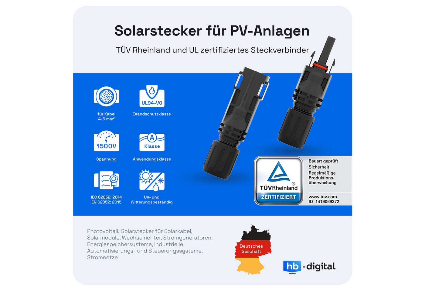 HB-DIGITAL Solarstecker 1500V PV Stecker für Solarkabel 4mm²/6mm² Solarkabel, Solarstecker, Stabil, Witterungs- und UV-Beständig Bild 3