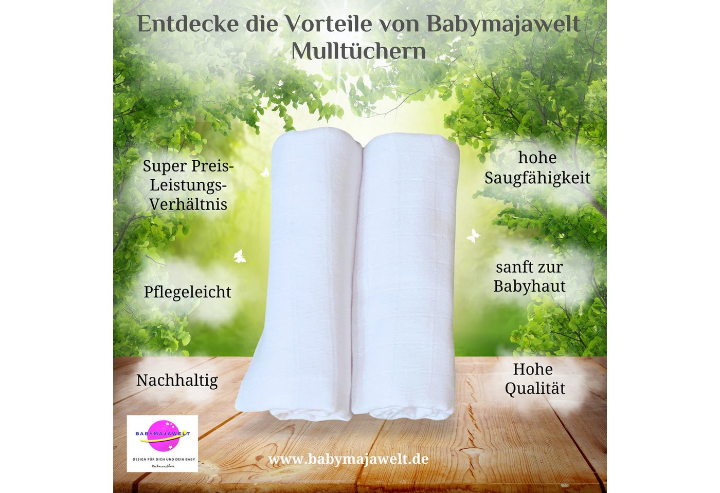 Babymajawelt Spucktuch Mullwindeln Premium Weiß, Baby Mulltücher 185g, (Set, 2-tlg., 2 Stück), Besonders Weich und Sanft, Vielseitige Helfer, Plastikfreie Verpackung Bild 2