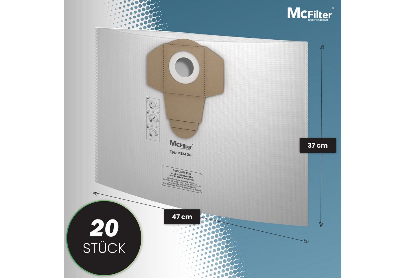McFilter Staubsaugerbeutel (20 Stück) geeignet für Einhell, passend für ALLE Einhell 25 Liter Nass-Trockensauger, 20 St., Beutel - Typ DSM 38