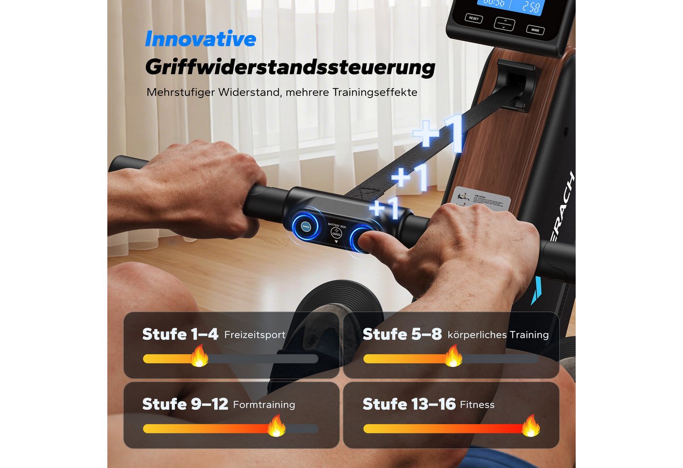MERACH Rudergerät klappbar, Magnet-Widerstand mit verlängerter Schiene (Rudermaschine mit Bluetooth-Verbindung, faltbar, selbstbetriebes Gerät, Kompatibel mit Kinomap, Tablet- und Flaschenhalter, LCD-Anzeige), magnetischer Widerstand, einfache Montage, platzsparend, bis 158 kg