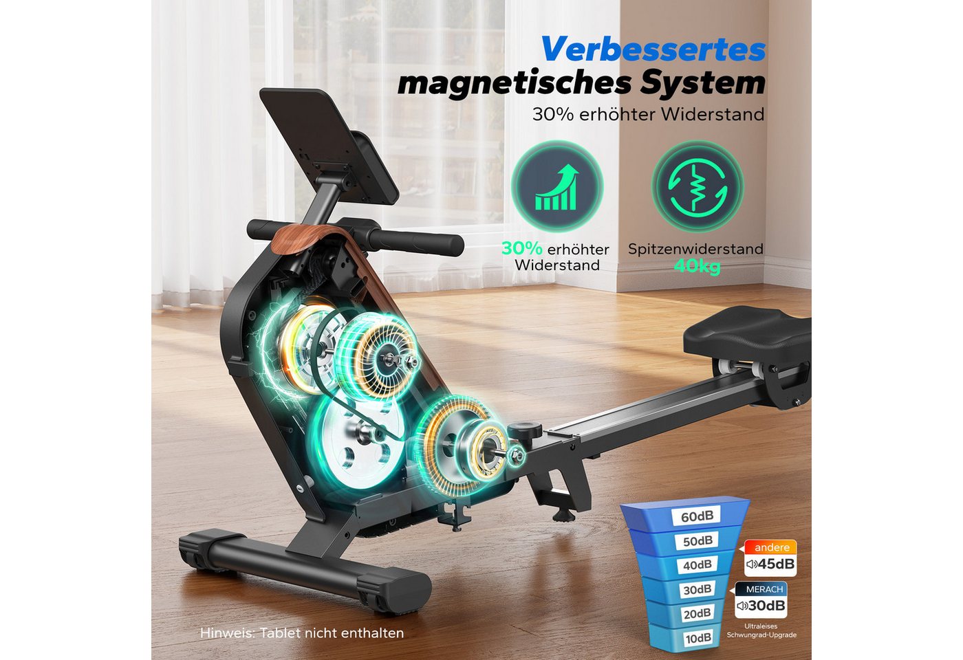 MERACH Rudergerät klappbar, Magnet-Widerstand mit verlängerter Schiene (Rudermaschine mit Bluetooth-Verbindung, faltbar, selbstbetriebes Gerät, Kompatibel mit Kinomap, Tablet- und Flaschenhalter, LCD-Anzeige), magnetischer Widerstand, einfache Montage, platzsparend, bis 158 kg Bild 2